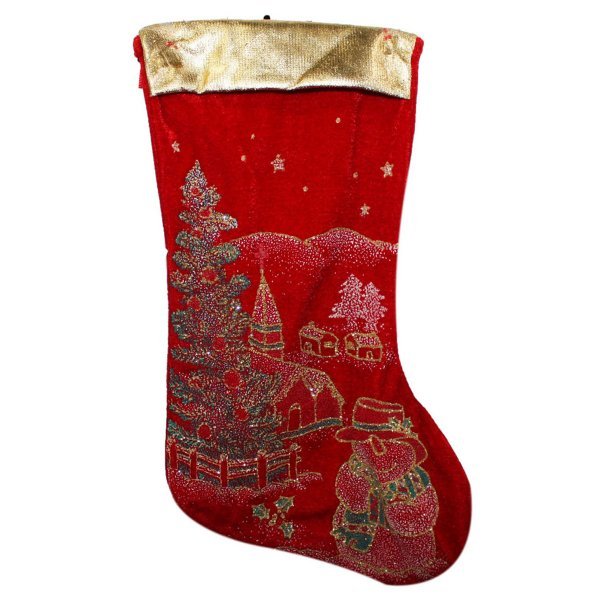Χριστουγεννιάτικη Διακοσμητική Κάλτσα Κόκκινη, με Χιονάνθρωπο και Έλατο (40cm)